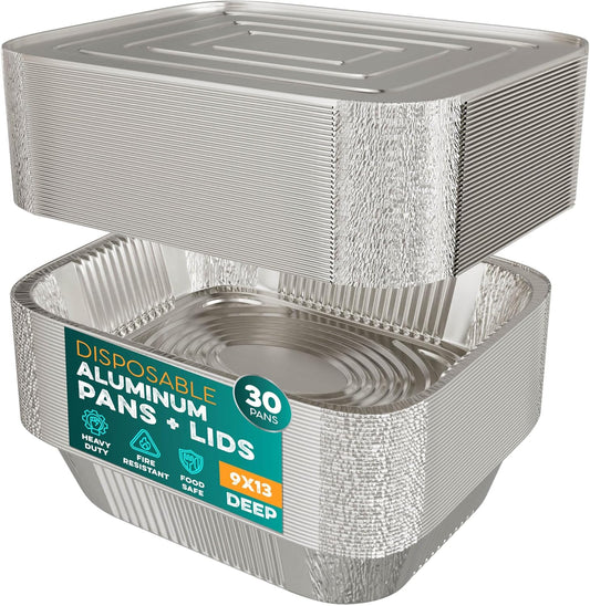Aluminum Pans With Lids 9x13 [30 Sets] Aluminum Foil Pans Trays With Lids - Half Size Tin Foil Disposable Pans For Baking, Roasting, Cake Serving Dishes, Catering Supplies, Steam Table Chafing