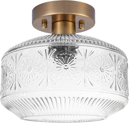 DSMJFU Semi Flush Mount Ceiling Light, Vintage Small Ceiling Light Fixture, Thickened Glass Hallway Lighting Fixture, Brass Kitchen Ceiling Mount Light for Entry Way, Bedroom, Bathroom, Porch
