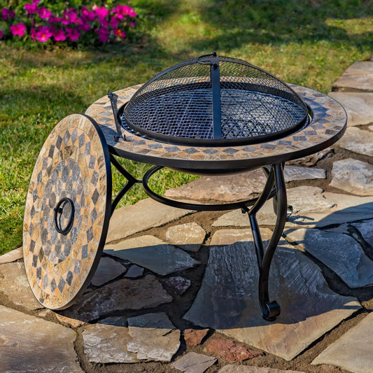 Heavy Duty 32.6" D. Mosaic Tile Fire Pit with Metal Frame, Mosaic Cover, Stainless Steel Grill, and Mesh Lid (Medora, Large 32.6 Inch Diameter)