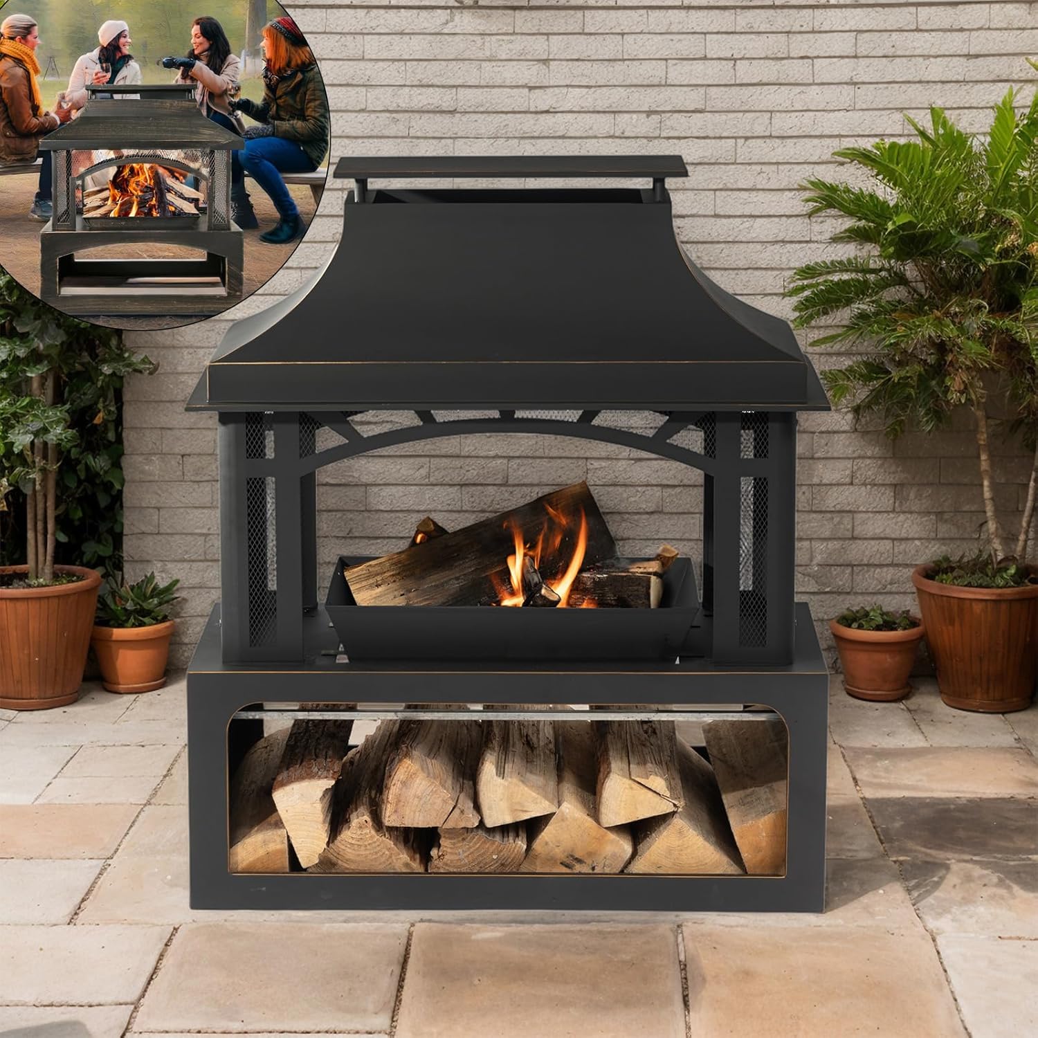 Fvergnsang 40" Wood Burning, Outdoor Wood Burning Fireplace with Woods Storage and Removable Fire Grill - Large Metal Firepit for Patio Garden Deck Backyard (Black)