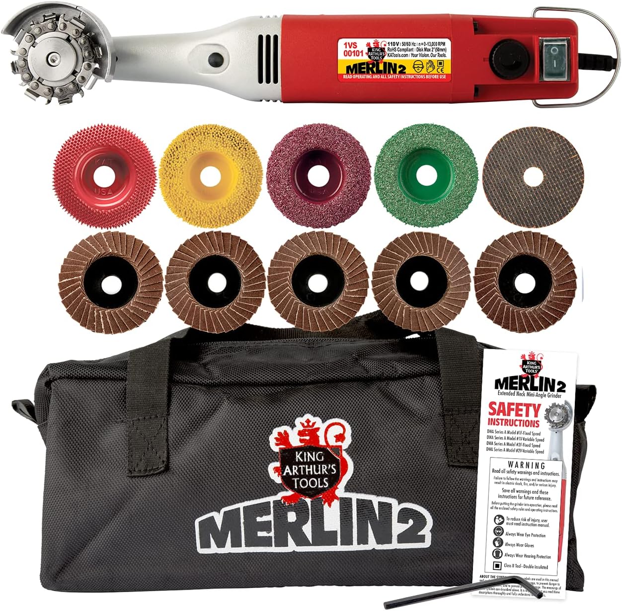 King Arthur's Tools Premium Carving Set – MERLIN2 Handheld Variable Speed Mini Angle Grinder Power Tool with 11 Accessories – For Woodworking, Cutting, Sanding, Grinding, Carving, Engraving # 10025