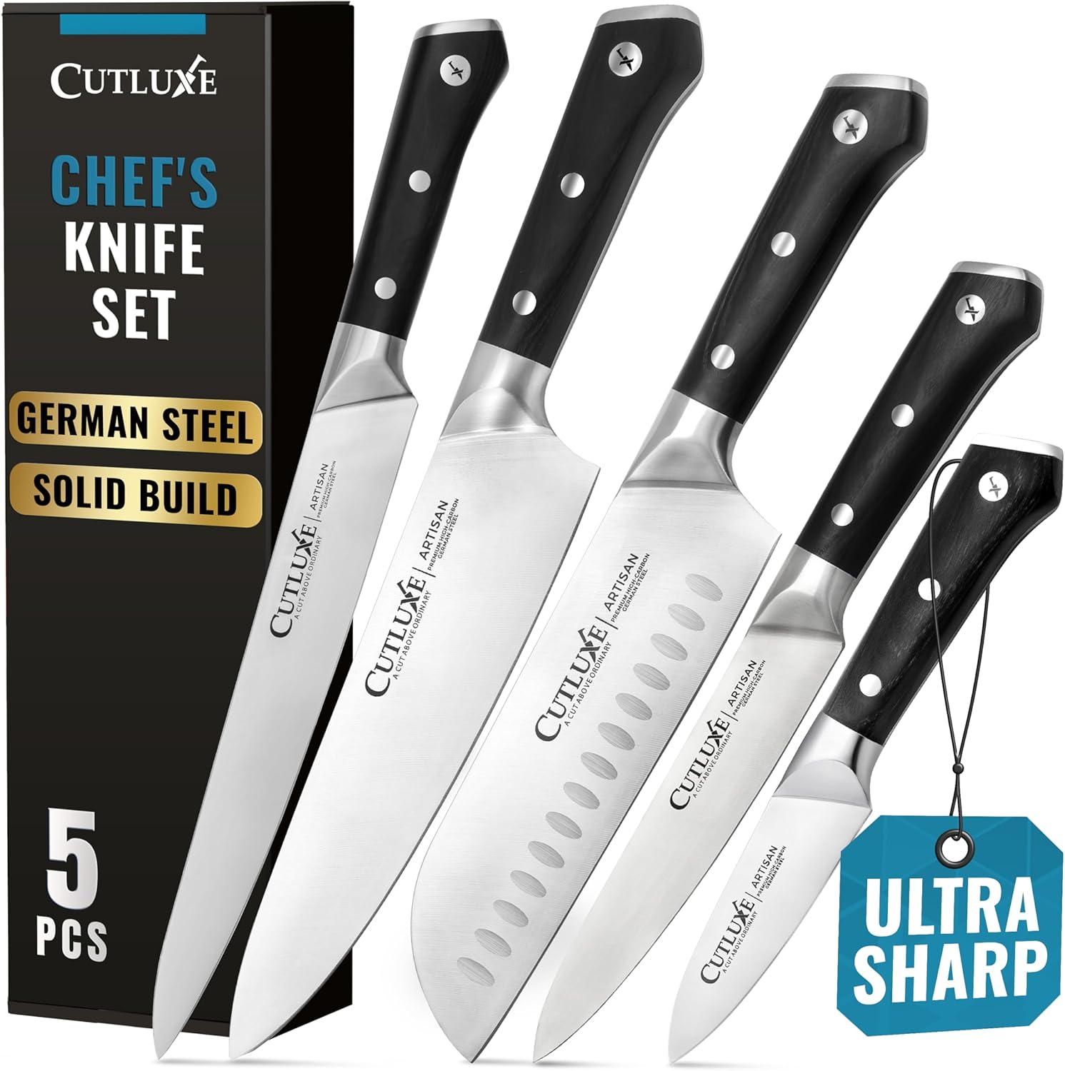 Cutluxe Kitchen Knives, 5 Pcs Chef's Knife Set \u2013 Razor Sharp German Steel, Full Tang, Ergonomic Handles \u2013 Artisan Series
