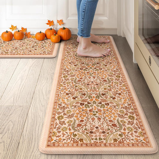 Collive Fall Orange Floral Kitchen Mats, Cushioned Anti Fatigue Kitchens Rugs Set of 2 Non Slip Desk Mats, Waterproof Sink Mat Comfort Standing Rug for Home Office Decoration