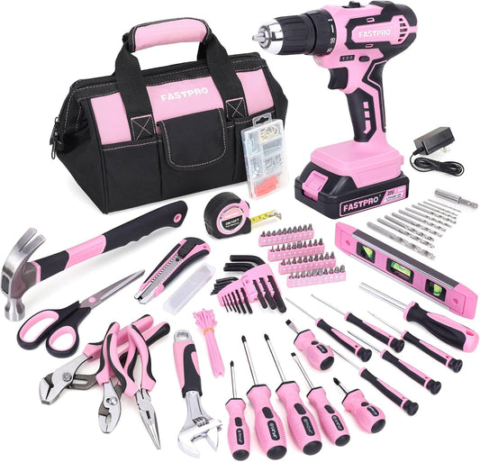 FASTPRO 232-Piece 20V Pink Cordless Lithium-ion Drill Driver and Home Tool Set, Lady's Repairing Kit with 12-Inch Wide Mouth Open Storage Bag