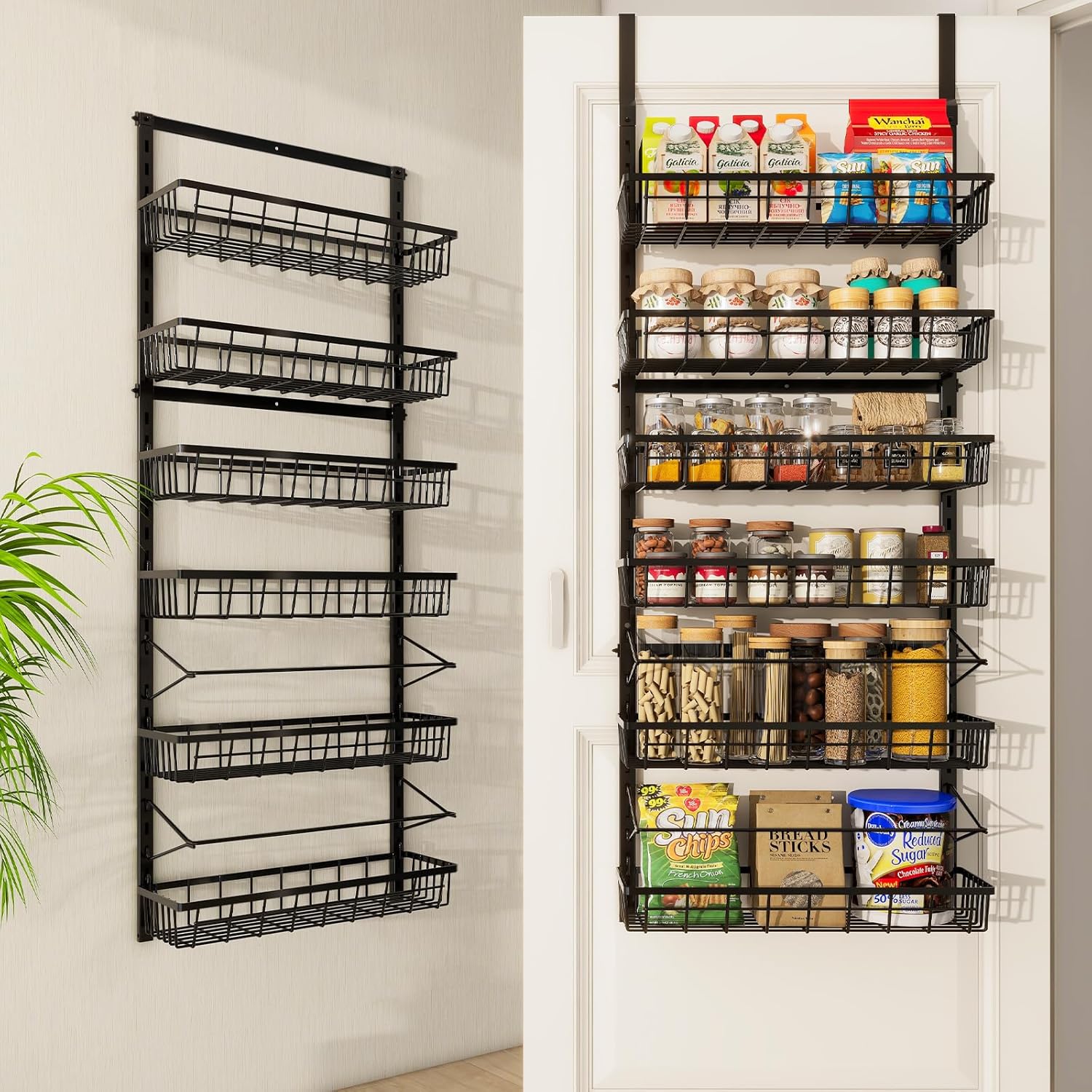 Mefirt Over The Door Pantry Organizer, Pantry Storage and Organization, 6-Tier Adjustable Hanging Baskets, Metal Wall Mount Spice Rack Seasoning Shelves for Home & Kitchen, Laundry Bathroom - Black