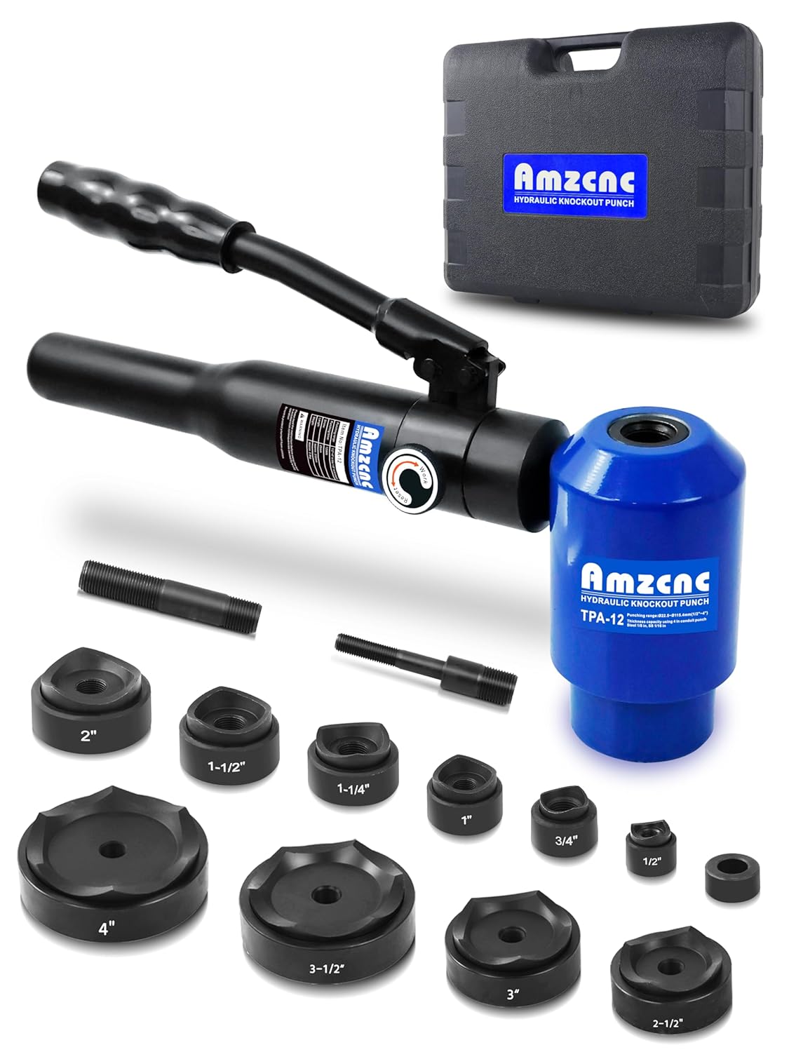 AMZCNC Hydraulic Knockout Hole Punch Driver Kit 1\/2 to 4 inch Electrical Conduit Hole Cutter Set KO Tool Kit Metal Sheet Puncher (12TON(1\/2"~4"))