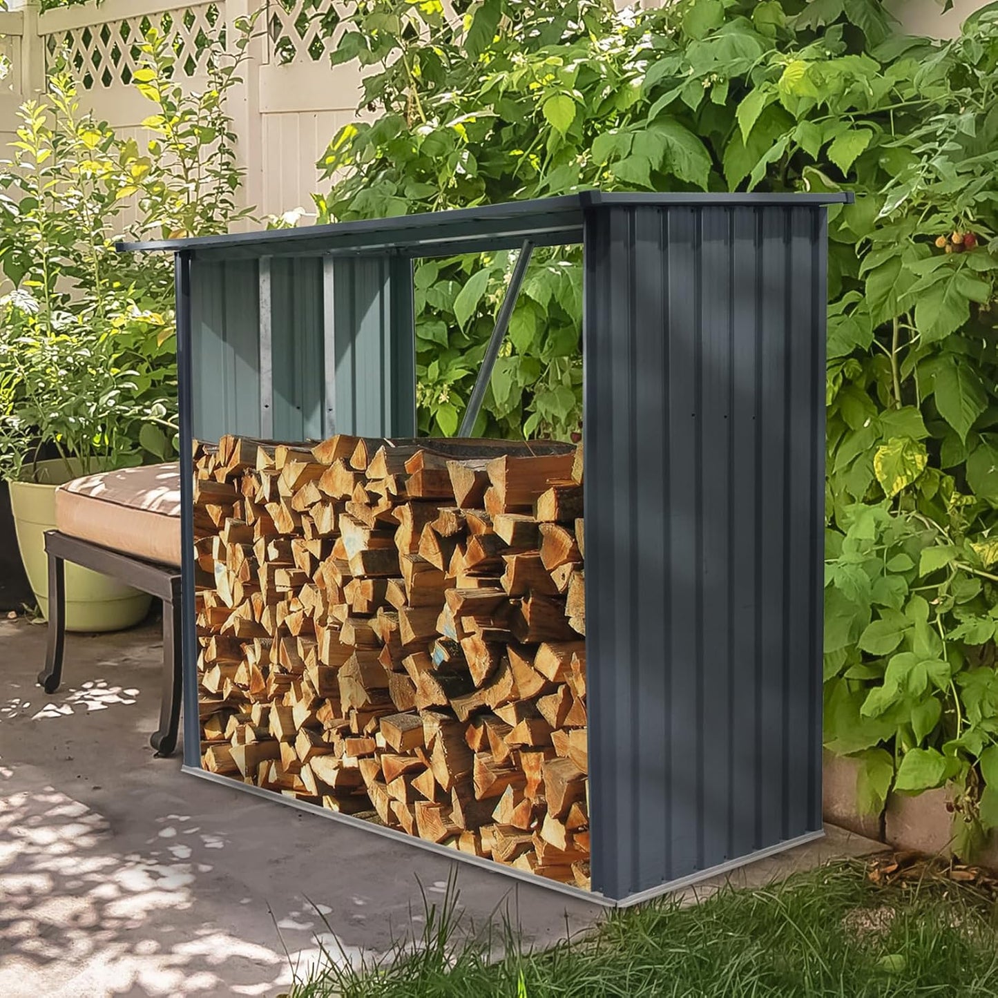 Outdoor Steel Firewood Rack,Open Wood Shed with Sloped Roof for Firewood,Pellet,or Lumber Storage,Black