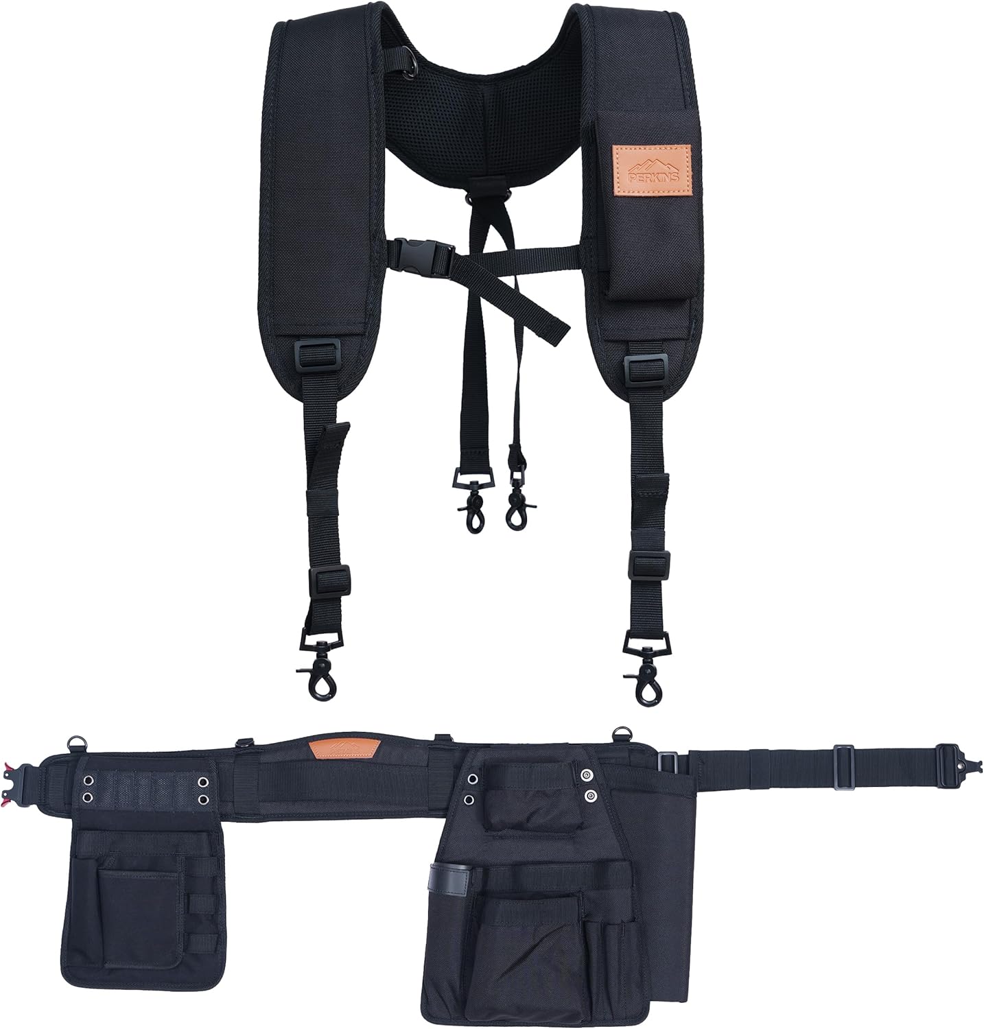 Perkins Builder Brothers Essential Tool Belt Set With Suspenders, Ideal for Framers, Carpenters and Contractors, Medium Size, Black