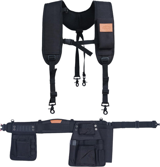 Perkins Builder Brothers Essential Tool Belt Set With Suspenders, Ideal for Framers, Carpenters and Contractors, Medium Size, Black