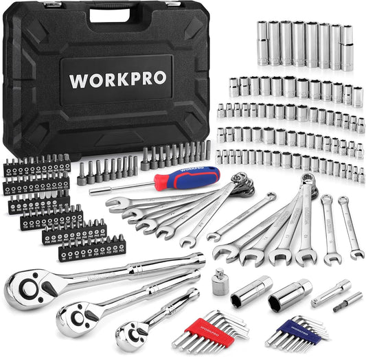 WORKPRO Mechanics Tools Kit and Socket Set, 192-Piece, SAE&Metric, 1\/2'', 1\/4'', 3\/8'' Drive Socket Ratchet Wrench Set with Molded Case