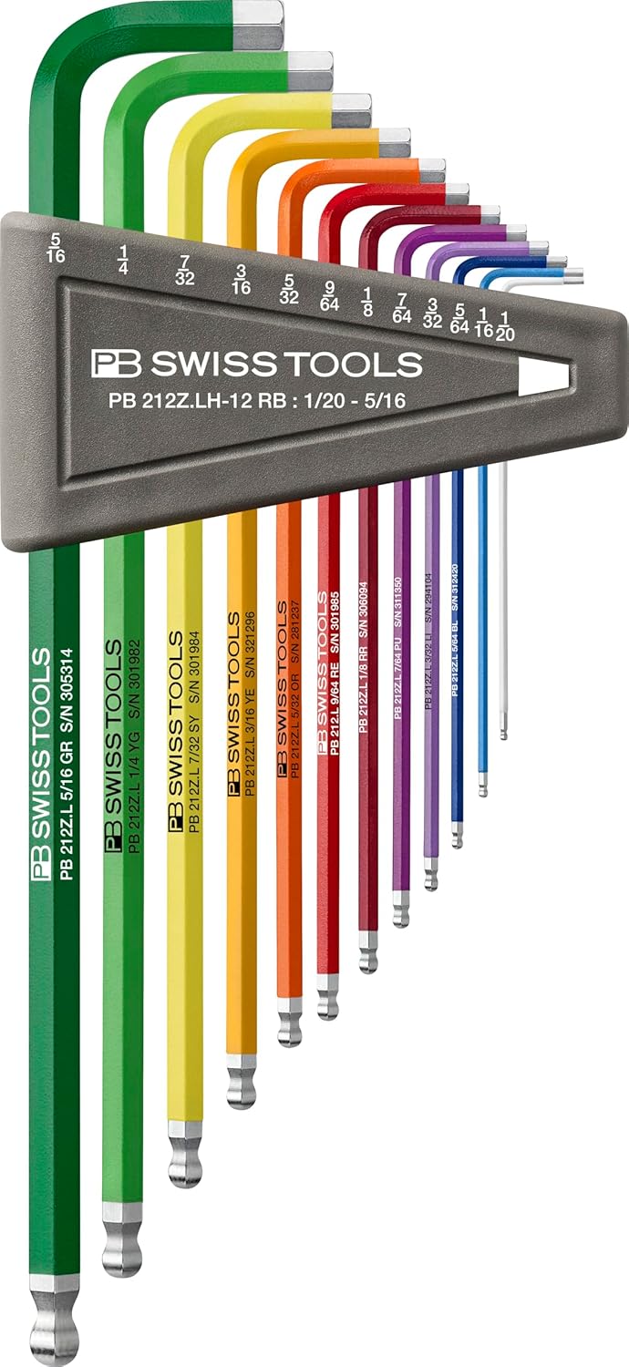 PB SWISS TOOLS Allen Key Set PB 212Z.LH-12 RB | 100% Swiss Made | 12-Piece Long Hex Key Set with Ballpoint, Inch Sized for Screwdriving Work in Industry and Handcraft