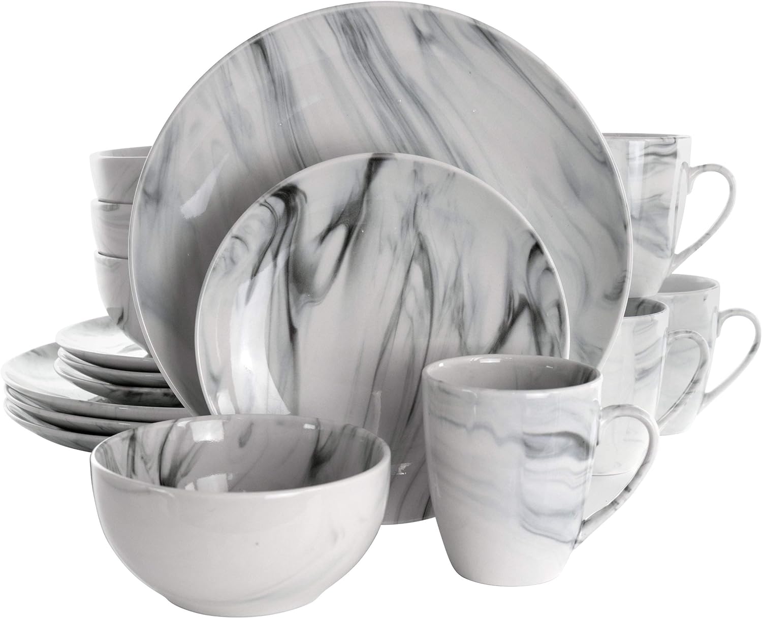 Elama Fine Marble 16 Piece Stoneware Dinnerware Set in Black and White