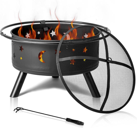 30" Heavy Duty Round Fire Pit with Mesh Lid, Outdoor Metal Bonfire Pit, Stable Iron Mesh Construction & Included Poker, Compact Fire Bowl for Wood Burning, Garden, Patio, Backyard (Black)