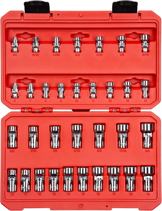 TEKTON 1/4, 3/8 Inch Drive 6-Point Universal Joint Socket Set with Case, 33-Piece (1/4-3/4 in., 6-19 mm) | SHD99301