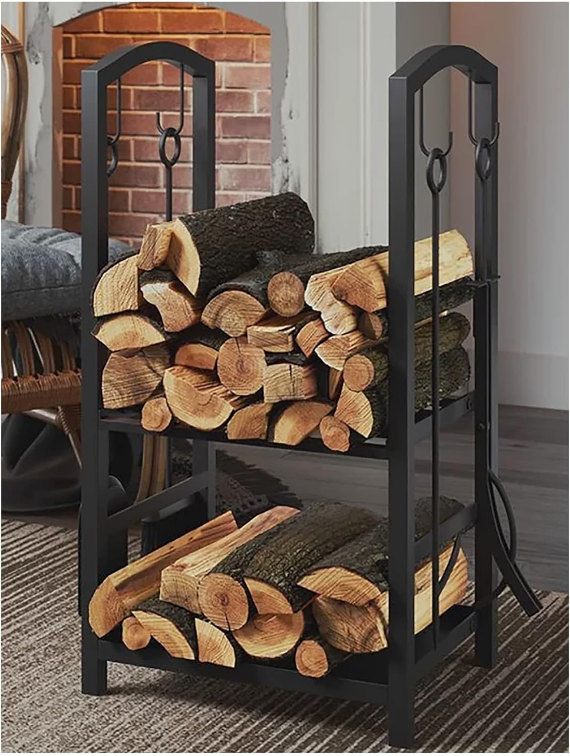 Indoor Outdoor Wrought Iron Firewood Log Storage Rack Holder Firepit Tools Set for Fireplace, Fire Pit, Stove, Firewood Rack Bin Log Holder