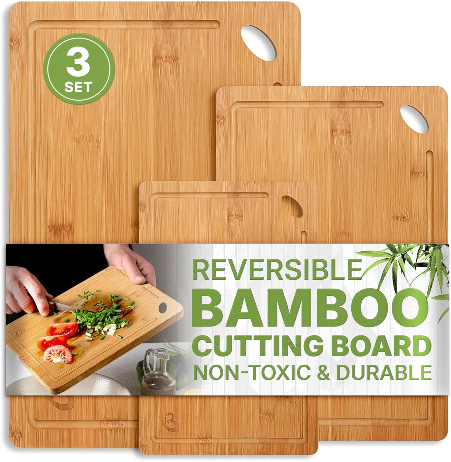 Bamboo Cutting Board Set of 3 – Small, Medium & Large Durable Non-Toxic Wood Cutting Boards for Kitchen with Deep Juice Grooves – Ideal Charcuterie & Chopping Boards for Meat, Vegetables & Fruits