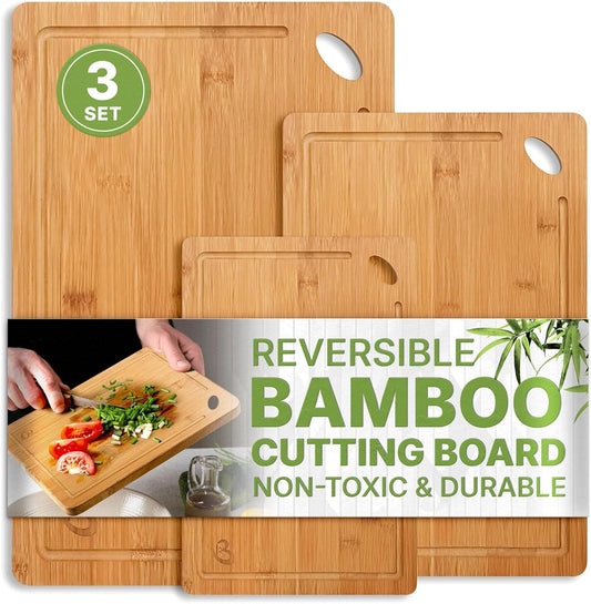Bamboo Cutting Board Set of 3 – Small, Medium & Large Durable Non-Toxic Wood Cutting Boards for Kitchen with Deep Juice Grooves – Ideal Charcuterie & Chopping Boards for Meat, Vegetables & Fruits