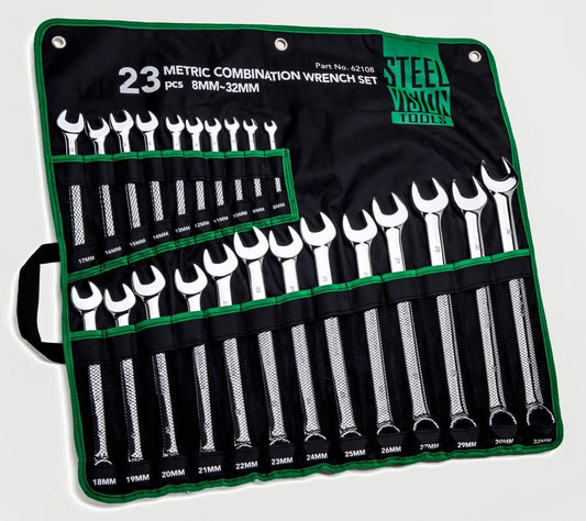 SteelVision 23pc (8mm~32MM) Top Tier Quality Combination Wrench Set, 12 Point. Long Pattern, Metric -Premium Heavy Duty CR-V Steel - Mirror Polishing Anti Rust Finish - Organizer Bag (23 pc)