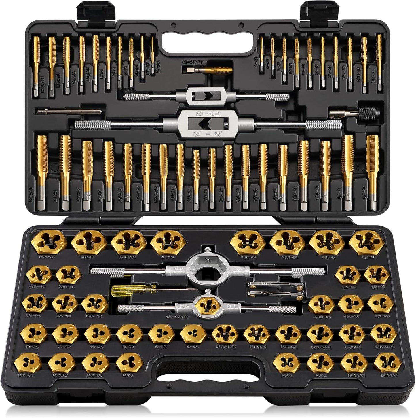 Kolvoii 86-Piece Tap and Die Set, SAE & Metric #4\u20135\/8" & M3\u2013M16, Heavy-Duty GCr15 Steel Rethreading Tool Kit with Titanium Coating for Cutting & Rethreading Internal and External Threads
