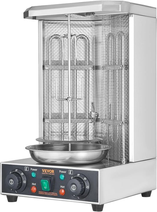 VEVOR Shawarma Grill Machine, 122°F-572°F, 13lbs Capacity, Chicken Shawarma Cooker Machine with 2 Burners, Stainless Steel, Electric Vertical Broiler Gyro Rotisserie Oven for Home and Commercial Use