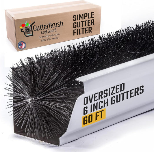 Gutter Guard 6 Inch - 60 Ft by GutterBrush | DIY Leaf Filter, No Tools Needed | Prevents Clogs, Easy Install for 6-Inch Oversize Gutters | 5.25" Brush Diameter, Reduces Cleaning, Keeps Water Flowing