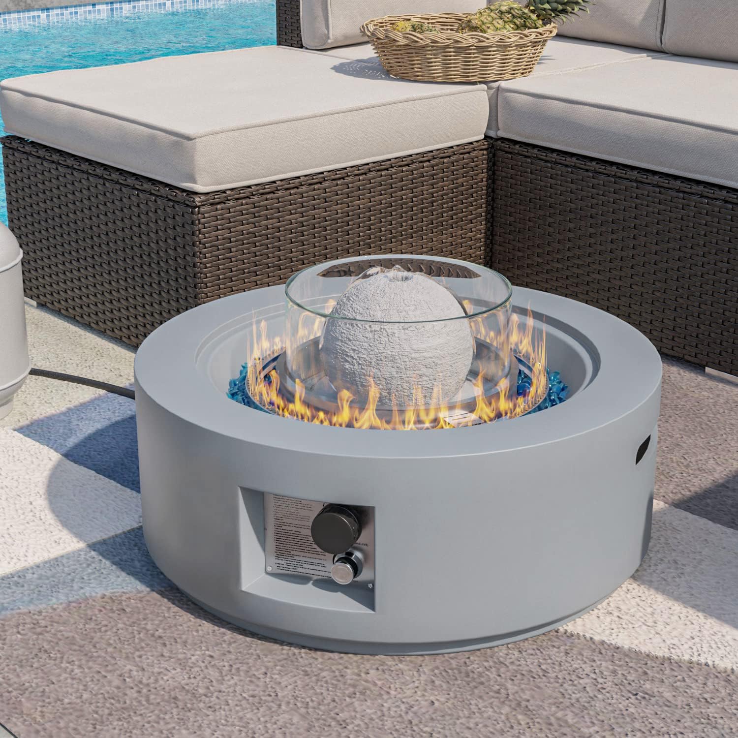 SUNBURY Outdoor 29 Inch Propane Fire Pit Table, Round Gas Fire Pit, 50,000 BTU Patio Fountain Fire Table Concrete Gas Fire Table w Waterproof Cover, Blue Fire Glass
