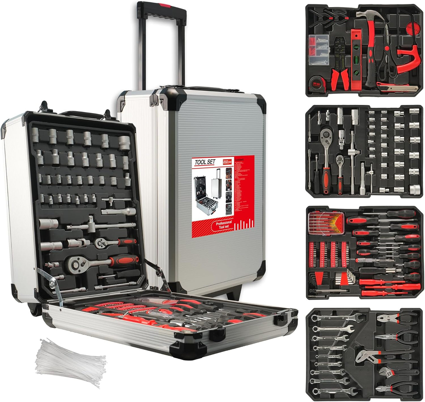 Tool Kit, Aluminum Trolley Case Tool Set for Men, 515 PCS General Household Tool Kit with 4-Drawer for Home Repair, Car, Garage, Maintenance, Auto Repair Toolbox with Wheel