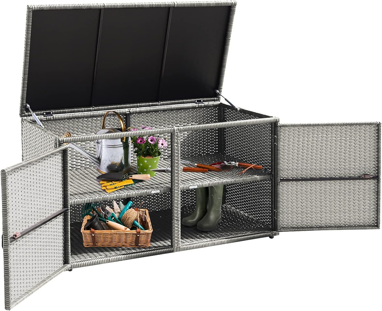 HAPPYGRILL Deck Box Outdoor Patio Pool Storage Box Outside Rattan Wicker Storage Bin Cabinet with Steel Frame Shelf for Garden Balcony Porch Yard Furniture Tools