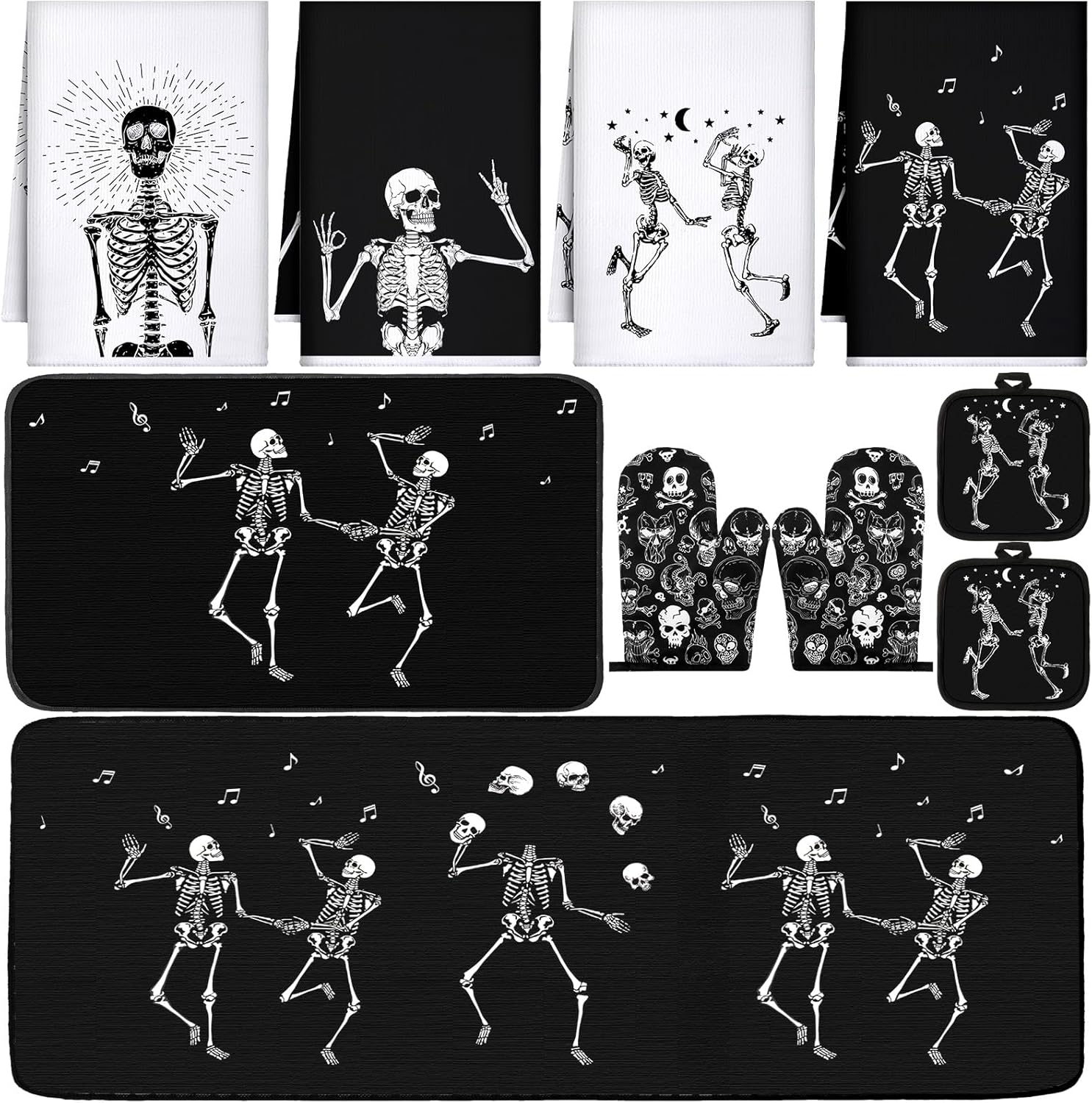 10 Pcs Halloween Skeleton Kitchen Dish Towels Rugs Oven Mitts and Pot Holders Set Farmhouse Kitchen Decor Set for Women Mom Daughter Gift Cooking Baking Grilling (Spooky Black)