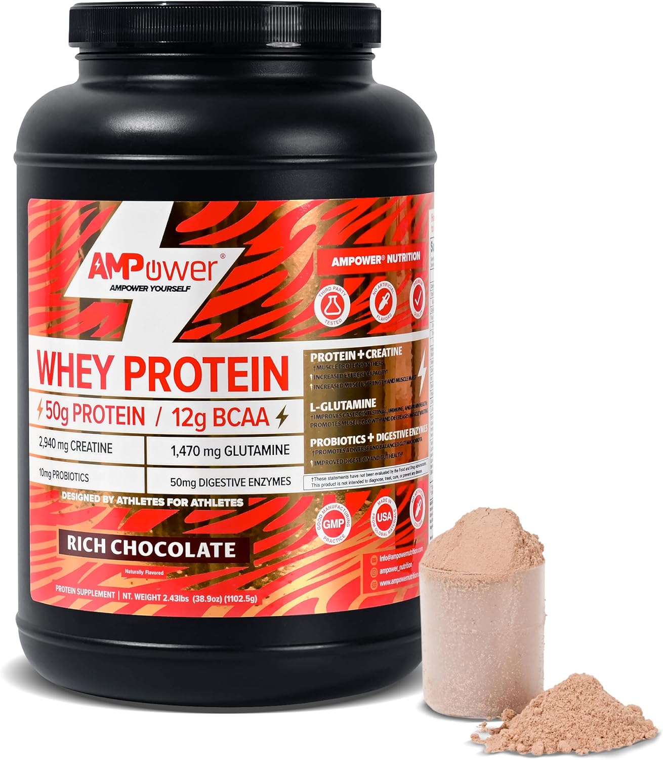 Chocolate Whey Protein Powder | Scientifically-Designed Optimum Muscle Stack, Gut, Brain, Immune | Protein, BCAA, Creatine, L-Glutamine, Probiotics, Digestive Enzymes | Rich Chocolate, 38.9oz