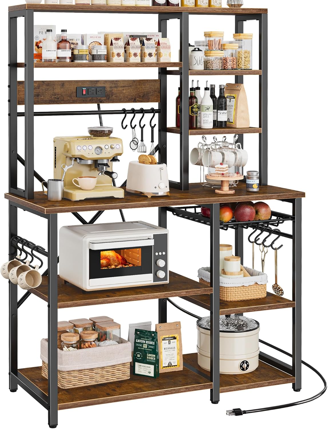 SUPERJARE Large Bakers Rack with Power Outlets, 6-Tier Microwave Stand, Coffee Bar with 12 S-Shaped Hooks, Kitchen Shelf with Wire Basket, 39.3 x 15.5 x 66.9 Inches, Rustic Brown