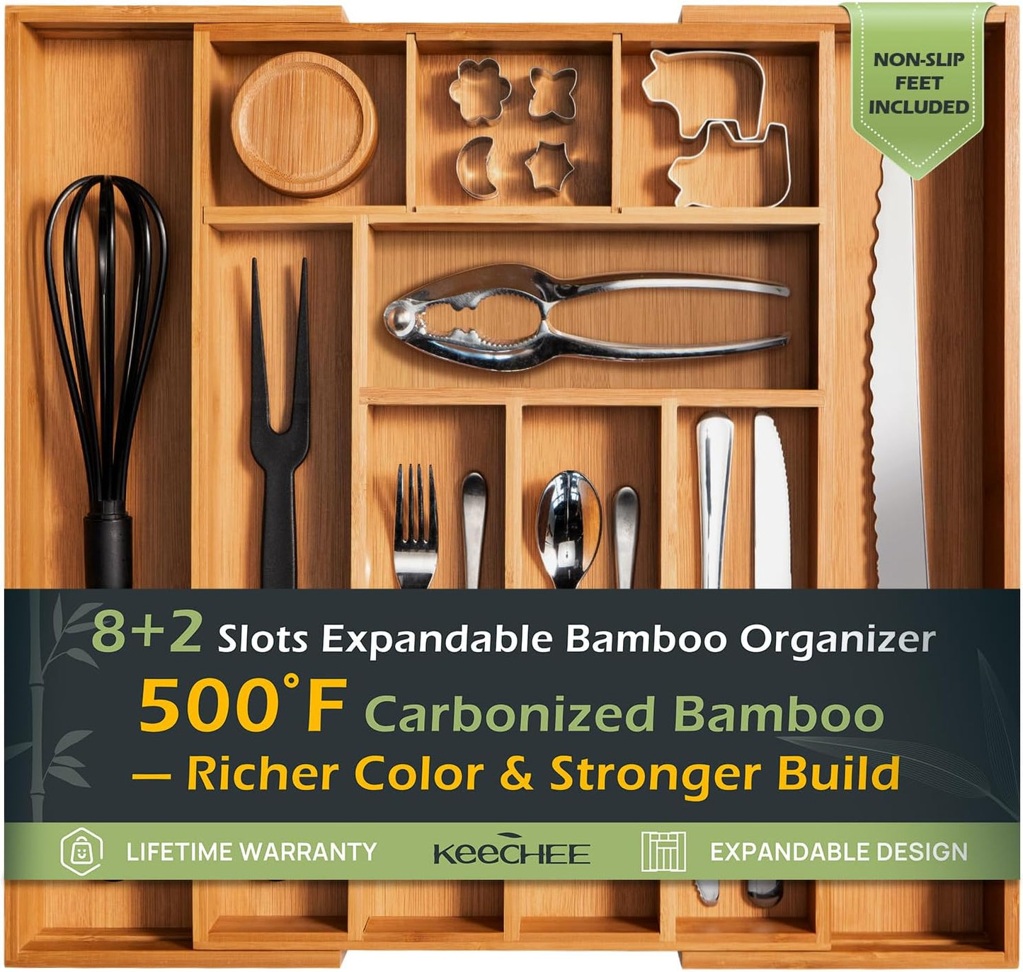 keechee Carbonized Bamboo Kitchen Drawer Organizer, 8-10 Slots Expandable Silverware Organizer, Utensil Holder & Cutlery Tray, 2.2" Deep for Extra Capacity, Non-Slip Feet Included