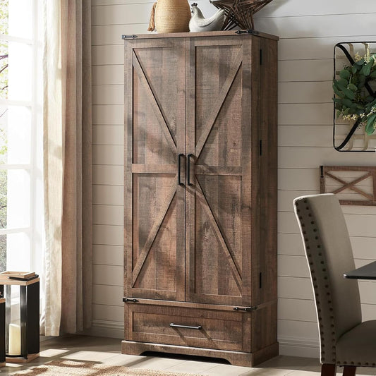 ACCOHOHO 72" Farmhouse Kitchen Pantry Cabinet With Drawer, Tall Storage With 2 Barn Doors and Shelves, Versatile Large Rustic for Dining Room, Bathroom, Living Room, Rustic Brown