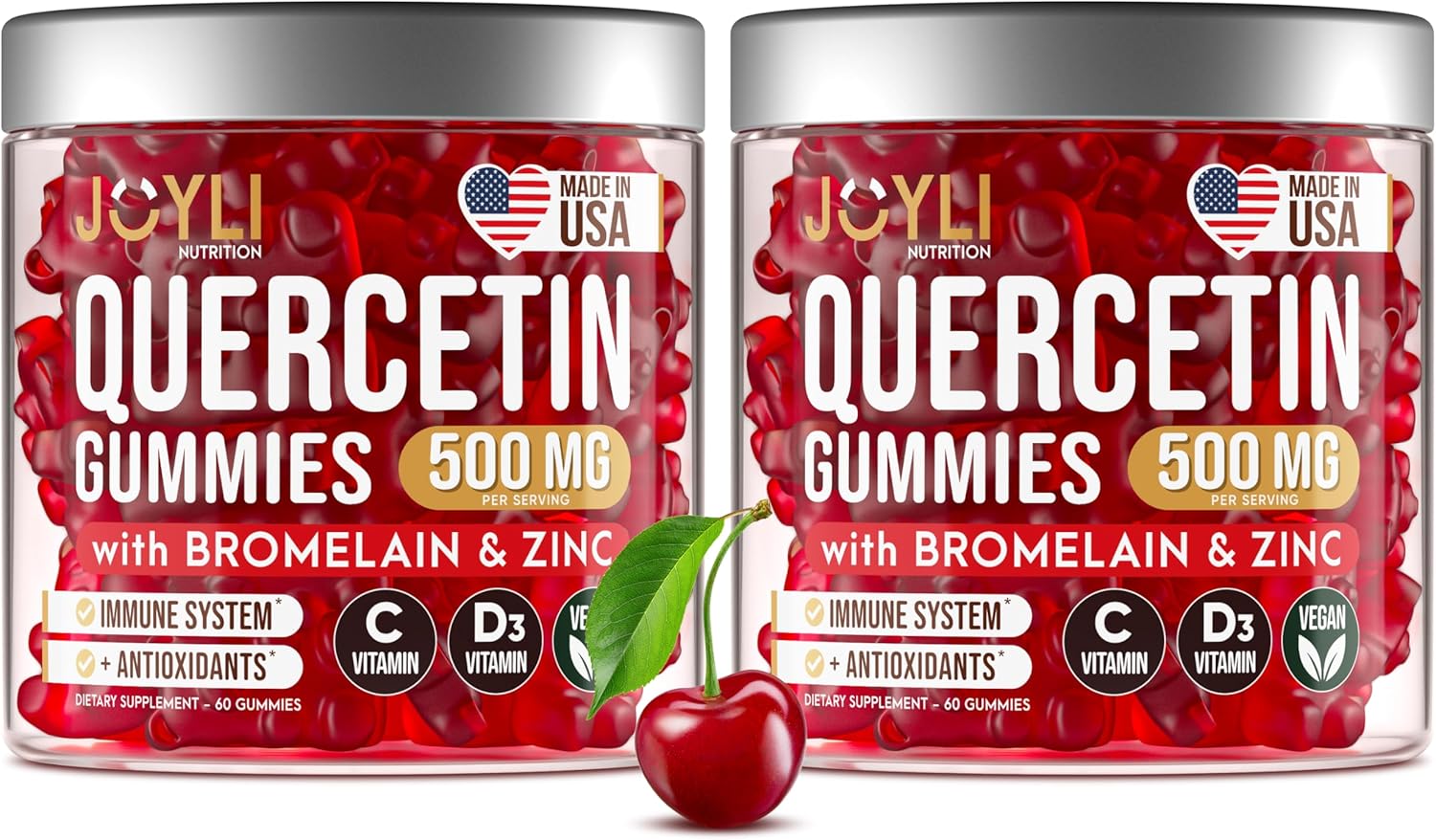 2 Pack - JOYLI Quercetin Gummies with Bromelain, Zinc, Vitamin C & D3 \u2013 Sugar-Free Quercetin Supplement for Immune Support & Seasonal Wellness \u2013 500mg Quercetin for Kids & Adults \u2013 60 Gummies per Pack