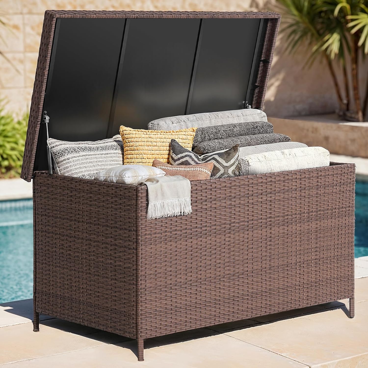 ONBRILL 158 Gallon XL Deck Box with Lid, All Weather Wicker Outdoor Storage Box Waterproof, Large Outdoor Patio Storage Bin for Cushions, Garden Tools, Gears, Brown