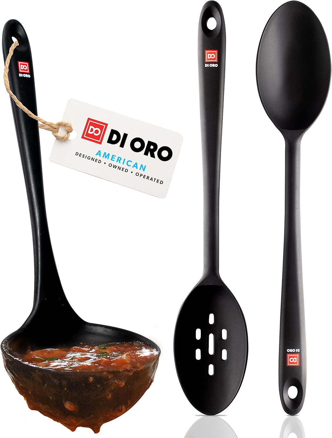 DI ORO Silicone Ladle & Spoons for Cooking \u2013 Large Kitchen Spoons for Mixing, Serving, & Stirring - Soup Ladle with Wide Bowl - High Heat Silicone Kitchen Utensils for Nonstick Cookware Safe (Black)