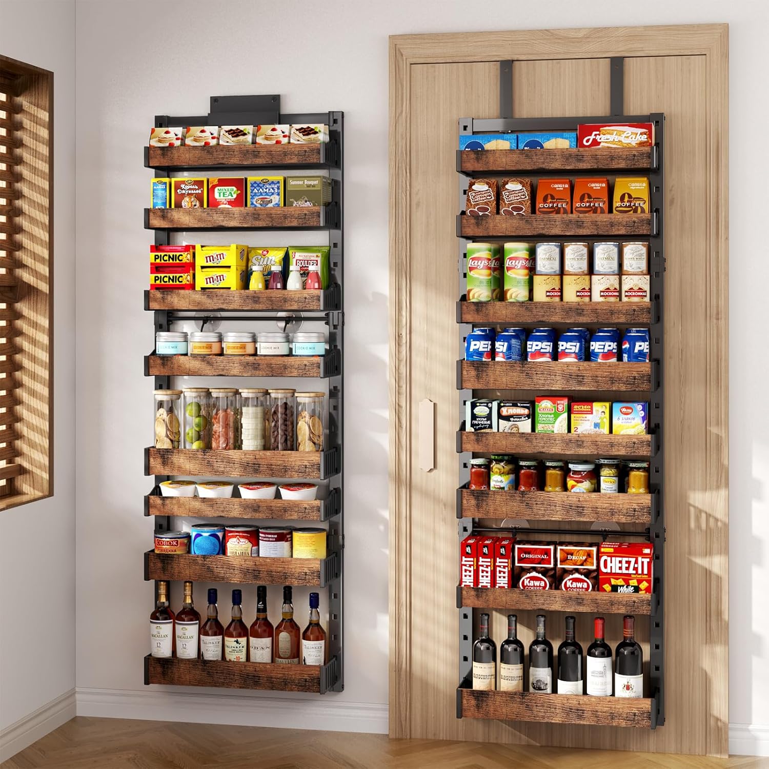8-Tier Over The Door Pantry Organizer, Heavy-Duty Metal Wall Mount or Hanging Spice Rack, behind the door storage Shelves with Adjustable Basket, Back of Door Organizer for Kitchen Cabinet and Closet