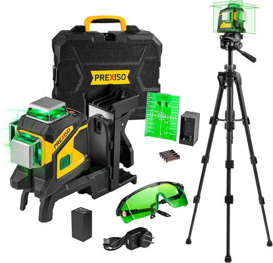 PREXISO Laser Level 3 X 360° Self Leveling with 47 In. Tripod, IP54 Rechargeable 100Ft Green Lazer Leveler Tool for Construction, Home Renovation with Magnetic Base, Battery Adapter, Case, Accessories