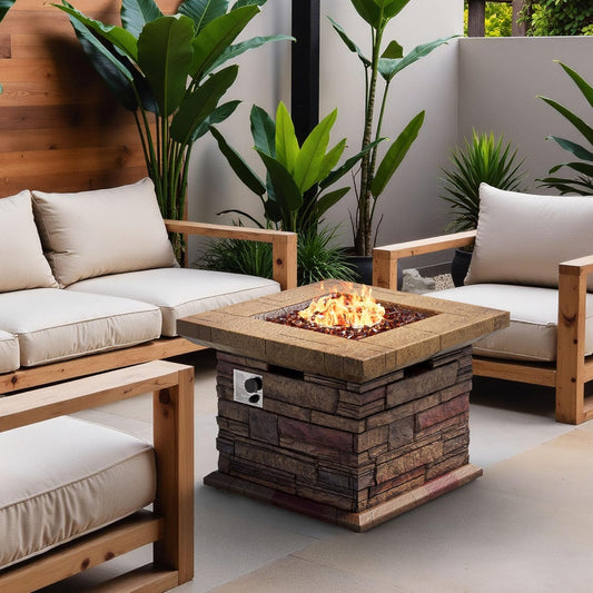 SUNBURY Outdoor 35 Inch Propane Fire Pit Table, Square Patio Fire Table 50,000 BTU Concrete Fire Table w Brown Fire Glass
