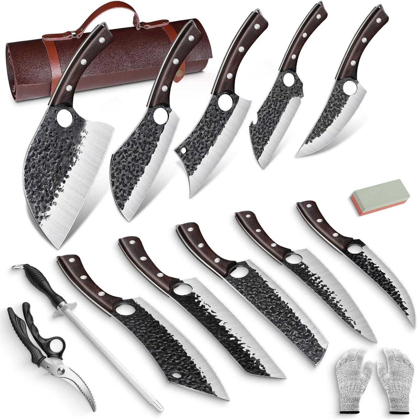 DRGSKL Serbian Chef Knife Set, Hand Forged Butcher Knife Set with Knife Bag, High Carbon Steel Kitchen Knives Set Meat Cleaver Boning Knife Viking Knives for Brisket Trimming, Gifts for Dad