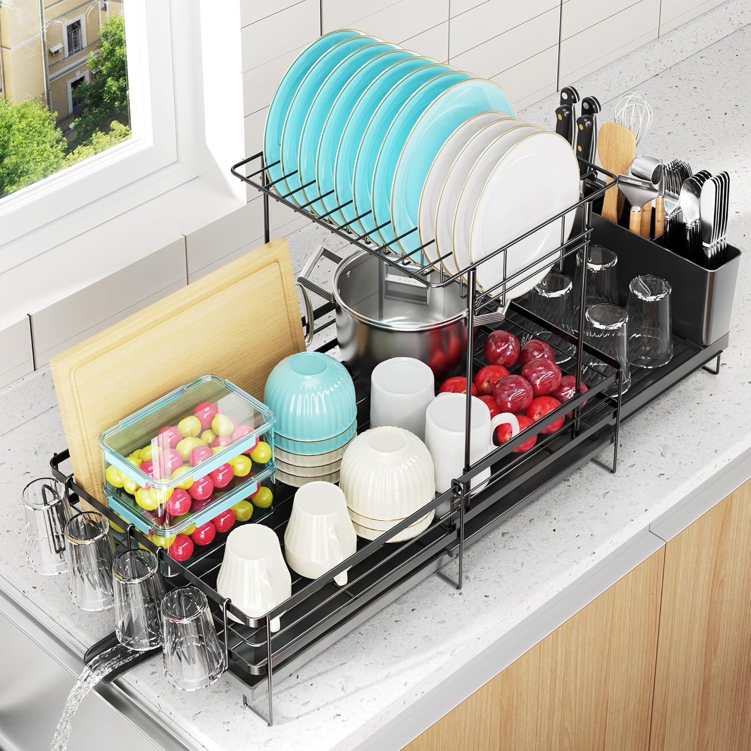 2 Tier Large Dish Drying Rack - Extendable Dish Rack for Kitchen Counter, Multifunctional Dish Drainer with Drainboard Set, Dishrack with Utensil Holder & Cup Holder, 13.4"-28.7" L x 11.8" W