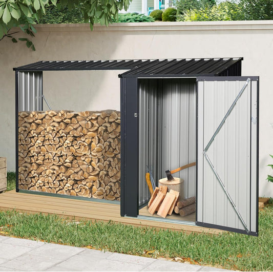 Outdoor Steel Firewood Rack Storage Shed, 2-in-1 Black Metal Wood Holder, Weather, Updated Design Fireplace, Patio, Backyard (W540p171889)