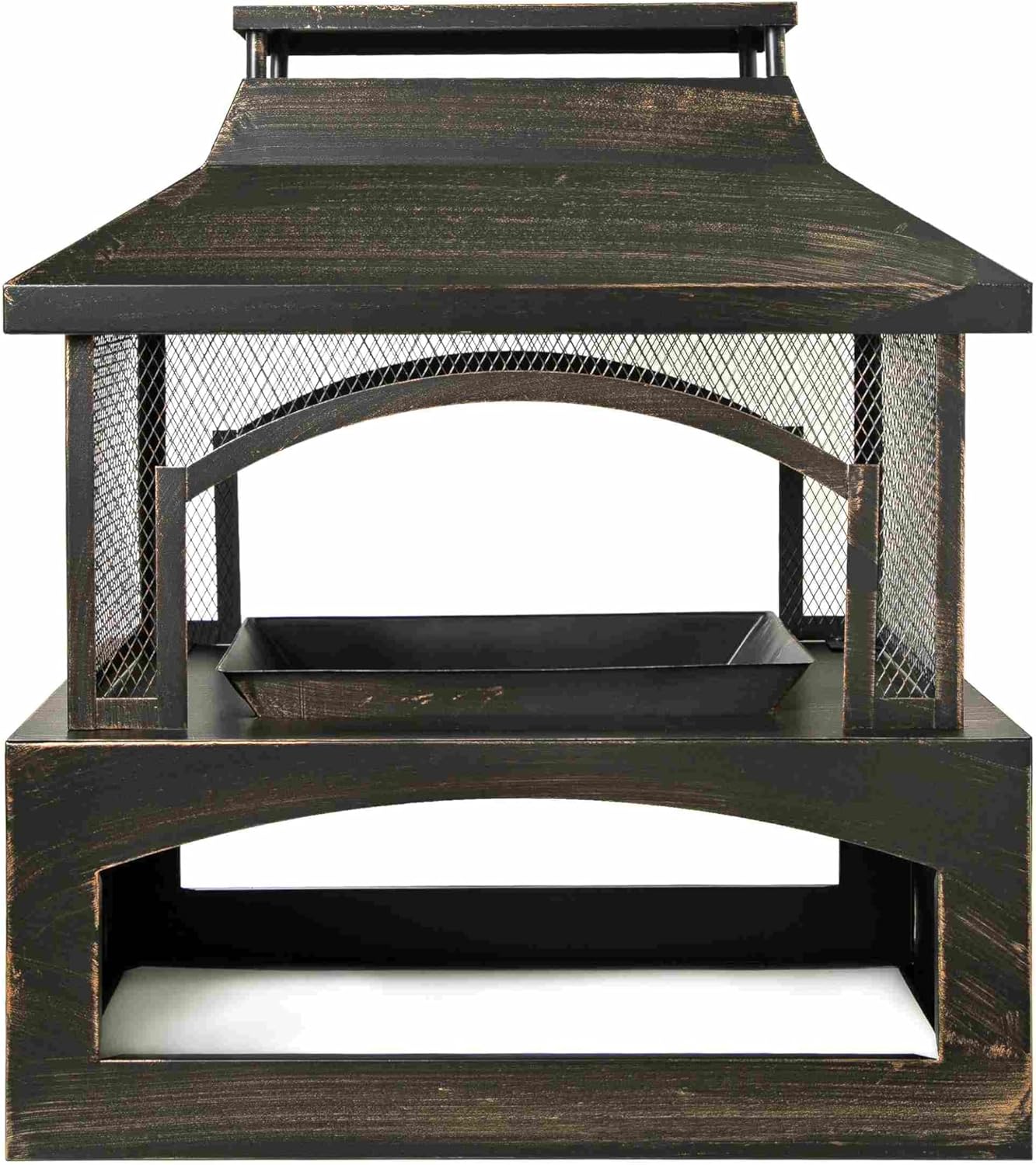 37" Large Wood Burning Outdoor Fireplace with Chimney,Brushed Bronze Metal Fire Pit with Built-in Wood Storage,Detachable Grill,Matchstick,Rain Cover—Perfect for Backyard,Patio,Camping & Parties