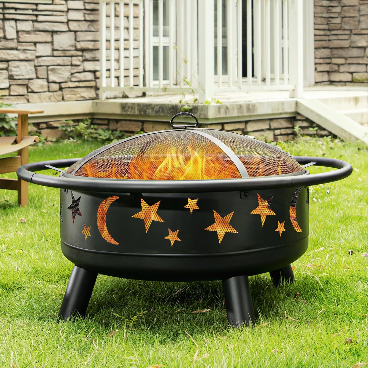 32 Inch Round Fire Pit with Mesh Cover, Fire Poker, Star and Moon Design, Metal Wood Burning Outdoor Firepit for Patio, Backyard, Garden, Bonfire Party,Perfect for Christmas, Thanksgiving, Halloween