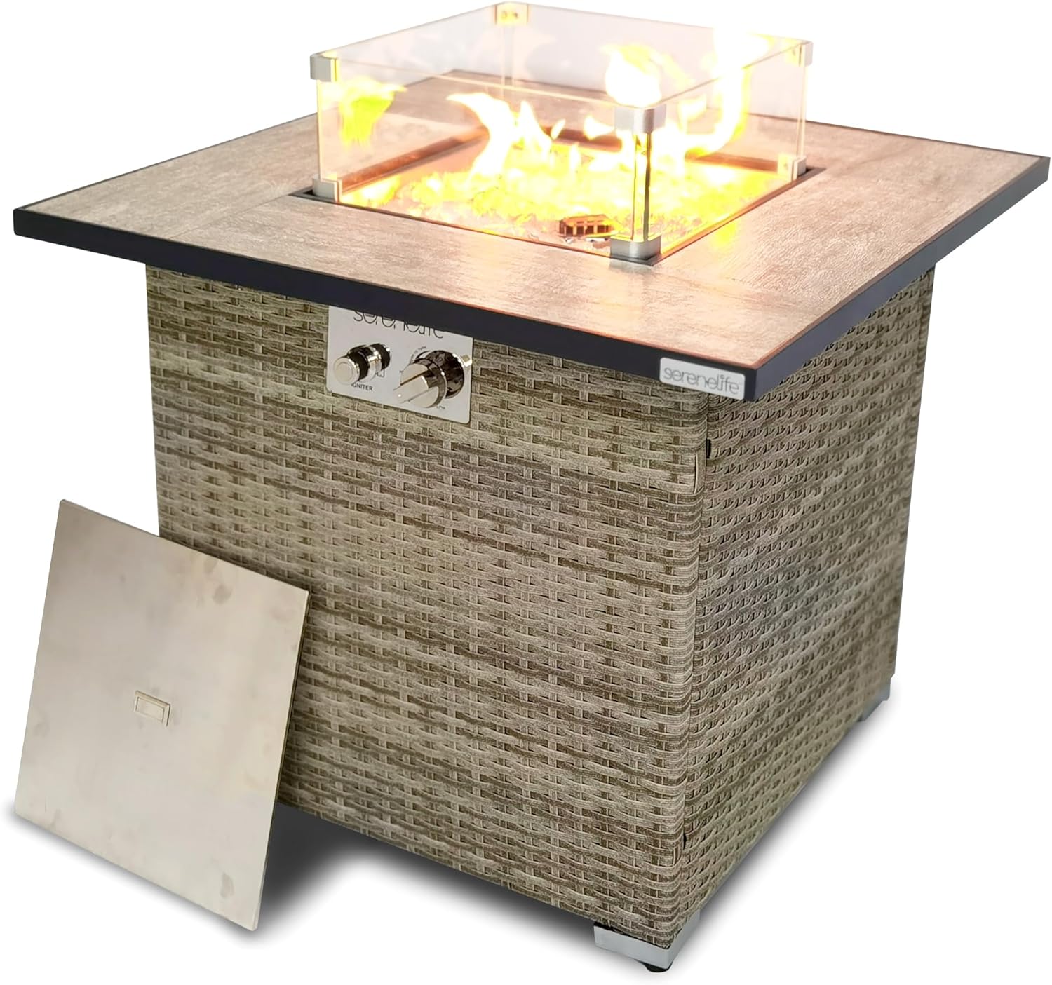 SereneLife Propane Fire Pit Table, 50000 BTU CSA/ETL Certified Safe Gas Table with Sturdy Wicker Base, Stainless Steel Burner, Glass Wind Guard & Cover, Outdoor Fireplaces for Parties