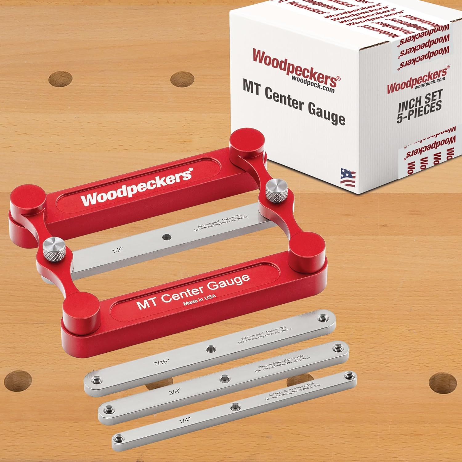 Woodpeckers MT Center Gauge Inch Set, Perfectly-Centered Mortise and Tenon Layout + Scribing Tool with Interchangeable Inch\/Metric Marking Bars for Flawless Joinery, USA-Made MTCGSS-IN-24