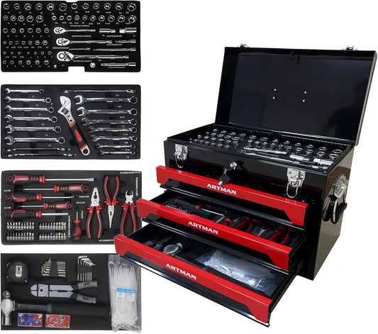 Campfun 439PCS Tool Set, Mechanic Tool Set for Home, Tool Box Set 4-Tier Socket Wrench Ratchet Plier Nails, Home Tool Set Mechanics Kit with 3 Drawers Organizer for Adults Man Handyman, Red