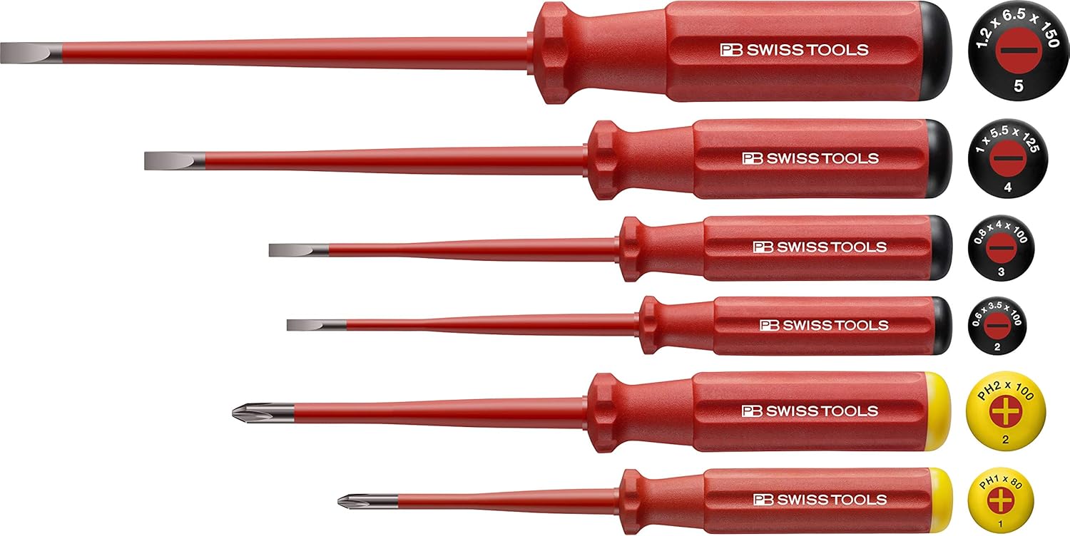 PB SWISS TOOLS Screwdriver Set, Flat & Phillips, 5542SL, 6pc, Insulated, Electronics Item
