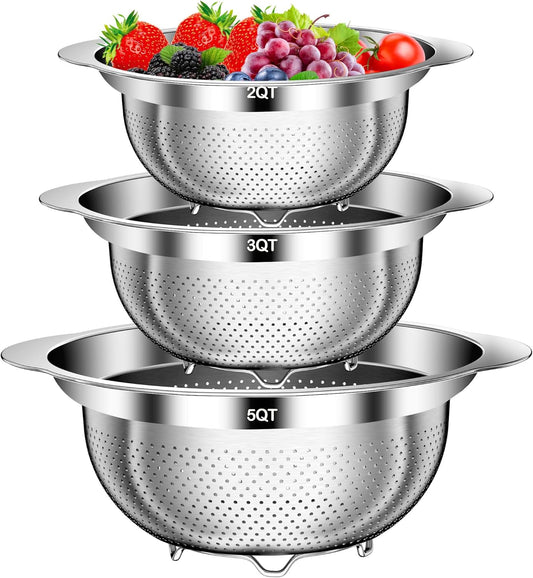 Colander, Stainless Steel Colander for Kitchen, 3Pcs Kitchen Gadget Food Strainer Basket with Handle, Kitchen Strainer Colanders Bowl for Pasta Noodles Spaghetti Vegetables Fruit (2QT, 3QT, 5QT)