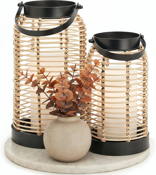 Natural Rattan Boho Lanterns - Handcrafted Decor to Enhance Your Home - Modern Farmhouse Beauty Perfect for Any Living Room, Patio & Porch, Indoor and Outdoor Coffee Table or Kitchen Dining Table